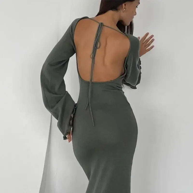 Elegant Solid Ruffles Knitted Dress For Women Loose O Neck Long Trumpet Sleeve Maxi Dresses 2024 New Female White Knitwear