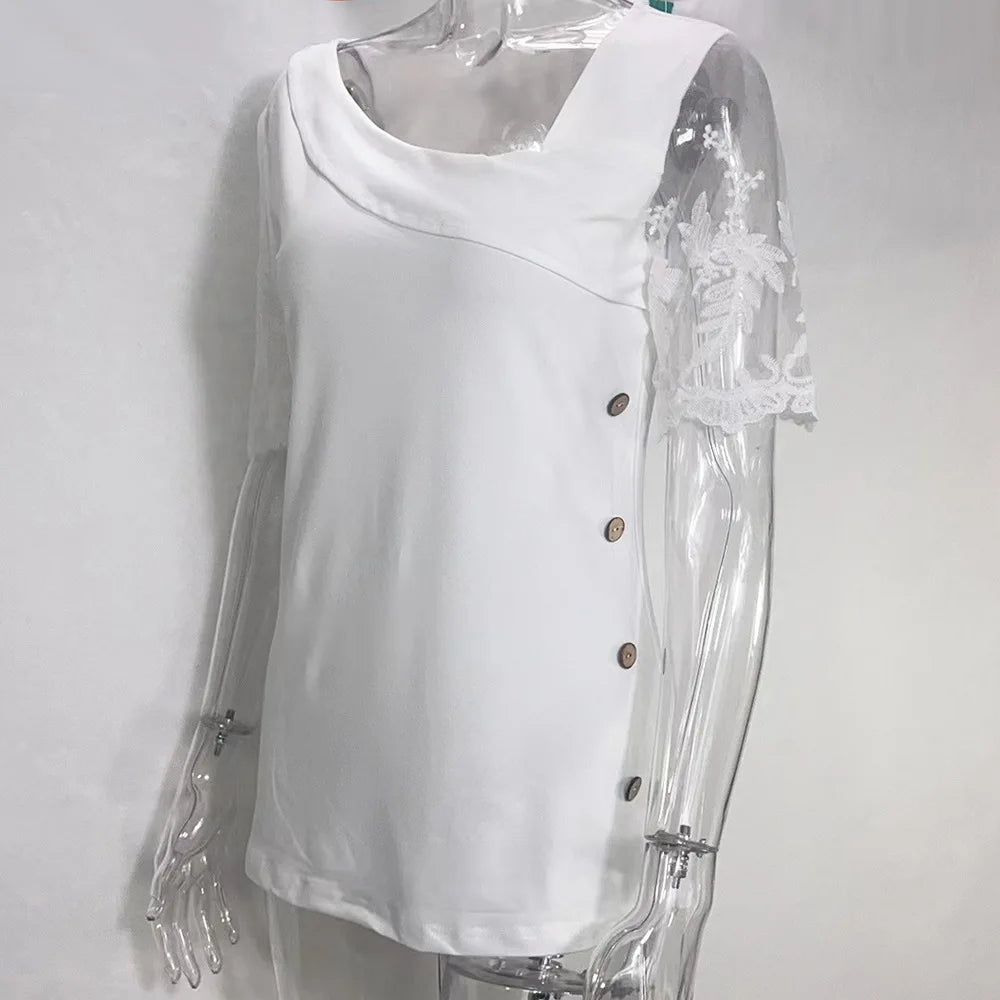 Women Summer Lace Patch Blouse European & American Fashion Asymmetrical Neck Buttoned Design Women's Short Sleeve Casual T-Shirt