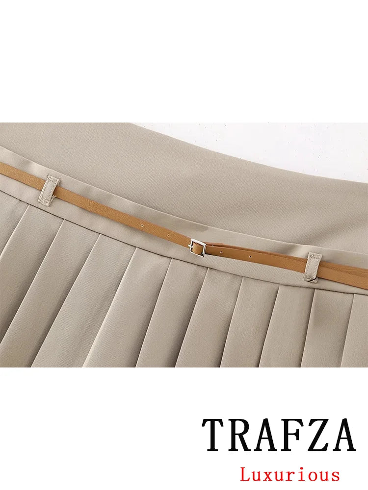 TRAFZA Vintage Casual Chic Women Shorts Skirt Solid Belt Zipper High Waist Skirt New Fashion 2024 Spring Elegant Female Shorts