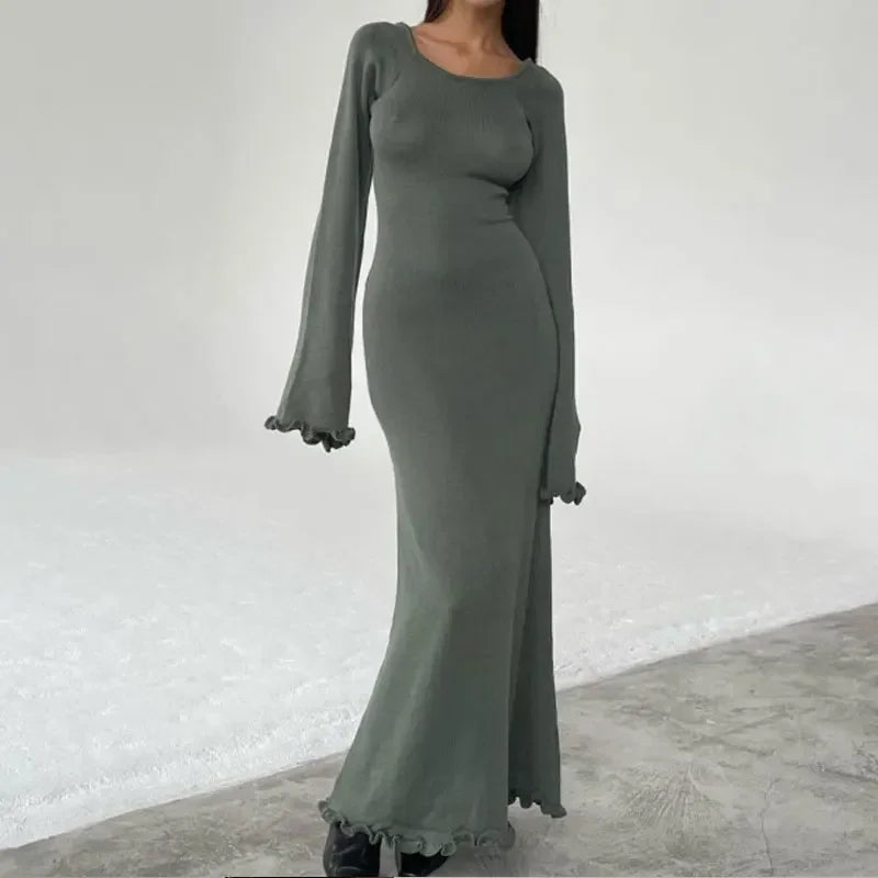 Elegant Solid Ruffles Knitted Dress For Women Loose O Neck Long Trumpet Sleeve Maxi Dresses 2024 New Female White Knitwear