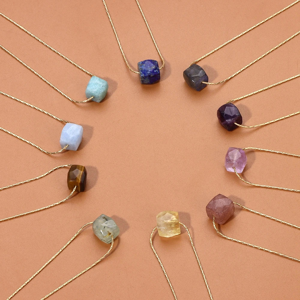 Natural Faceted Cube Beads Pendant Neckalce Square Raw Mineral Stone Pendant Gold Color Adjustable Chain Neckalce for Women Men