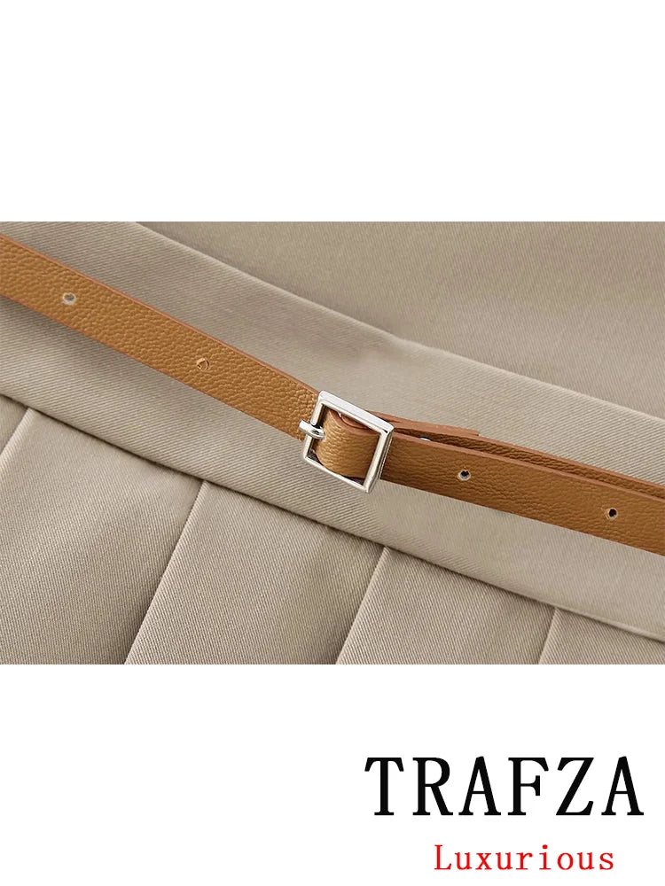 TRAFZA Vintage Casual Chic Women Shorts Skirt Solid Belt Zipper High Waist Skirt New Fashion 2024 Spring Elegant Female Shorts