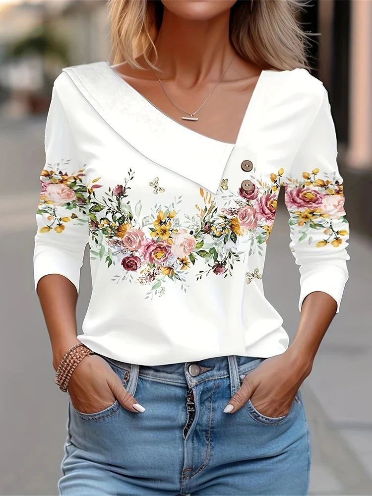 T Shirt For Women Fashion Long Sleeve Top White Floral Print Shirts And Blouses 3D Print Clothes For Womens 2023 y2k