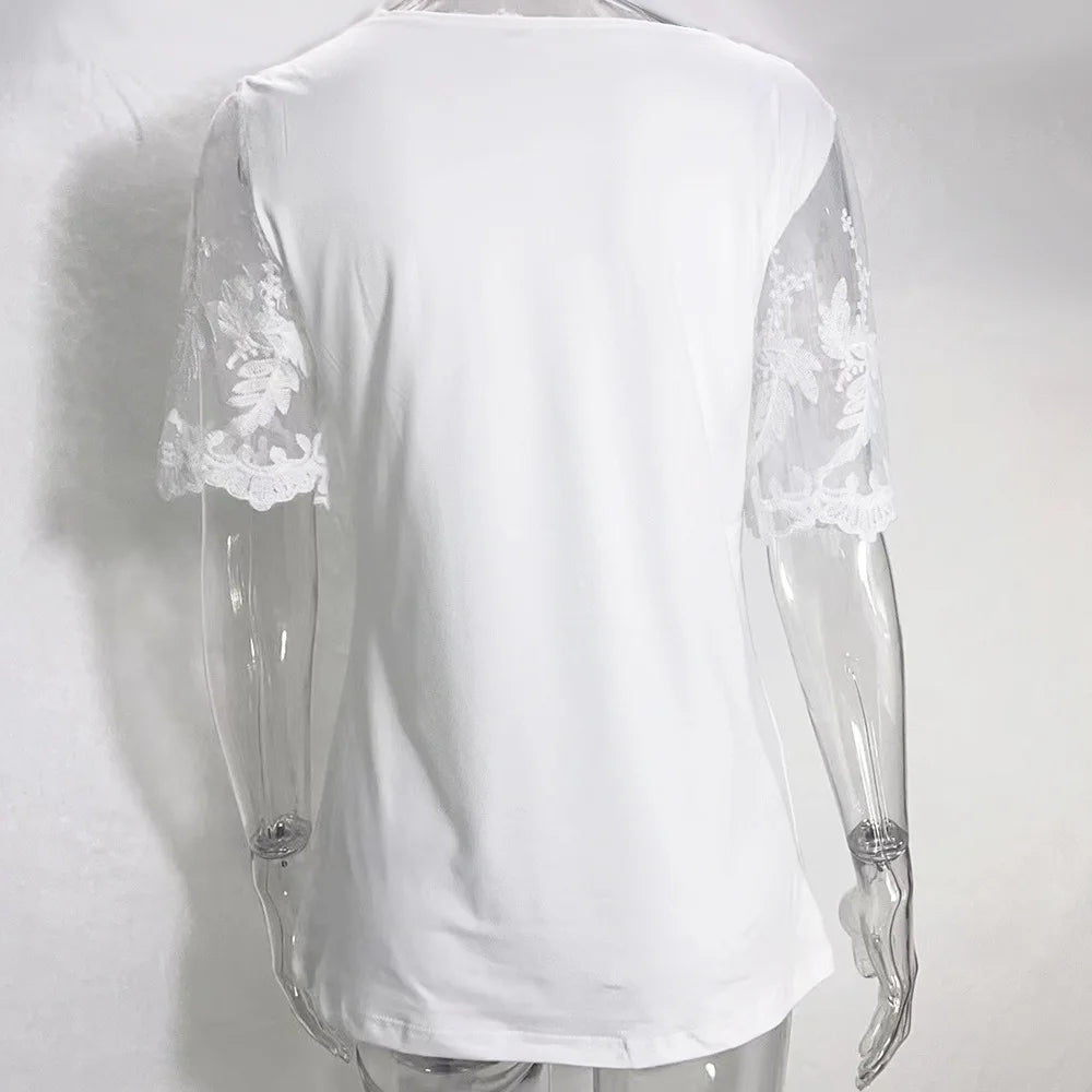Women Summer Lace Patch Blouse European & American Fashion Asymmetrical Neck Buttoned Design Women's Short Sleeve Casual T-Shirt