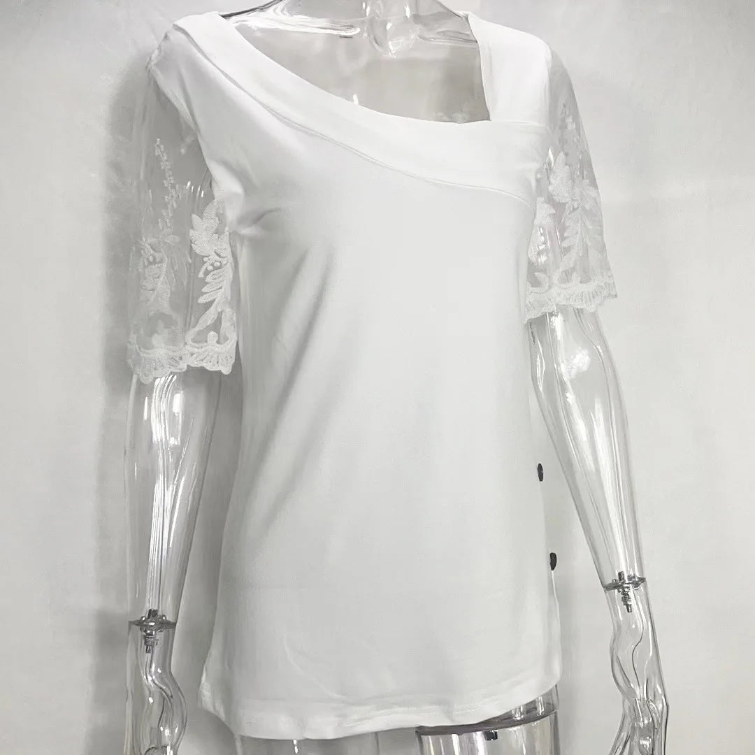 Women Summer Lace Patch Blouse European & American Fashion Asymmetrical Neck Buttoned Design Women's Short Sleeve Casual T-Shirt