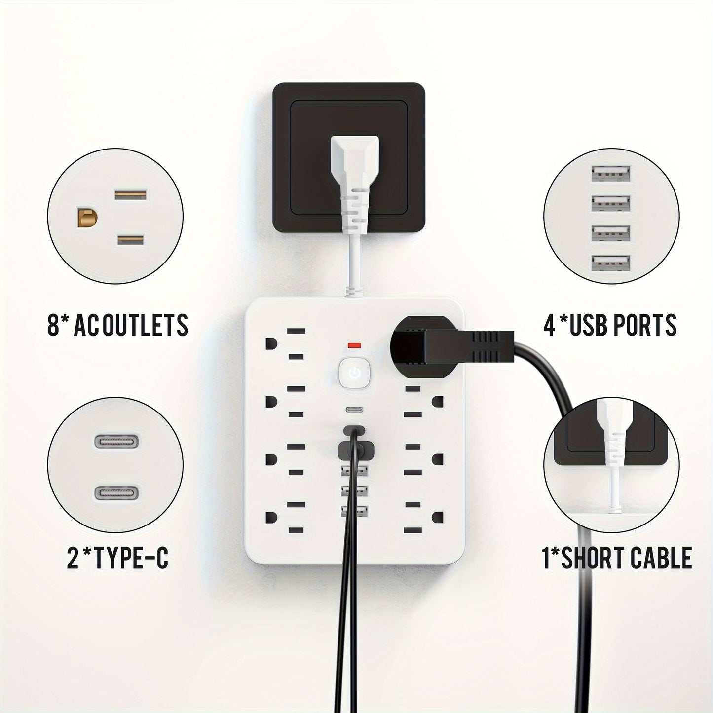 1pc 14-in-1 Power Adapter With 4 USB Outlets, 2 Type-C Outlet And 8 AC Socket Outlets. A Wall Socket, With Surge Protector, Easy To Carry, Suitable For Home, Office And Travel.