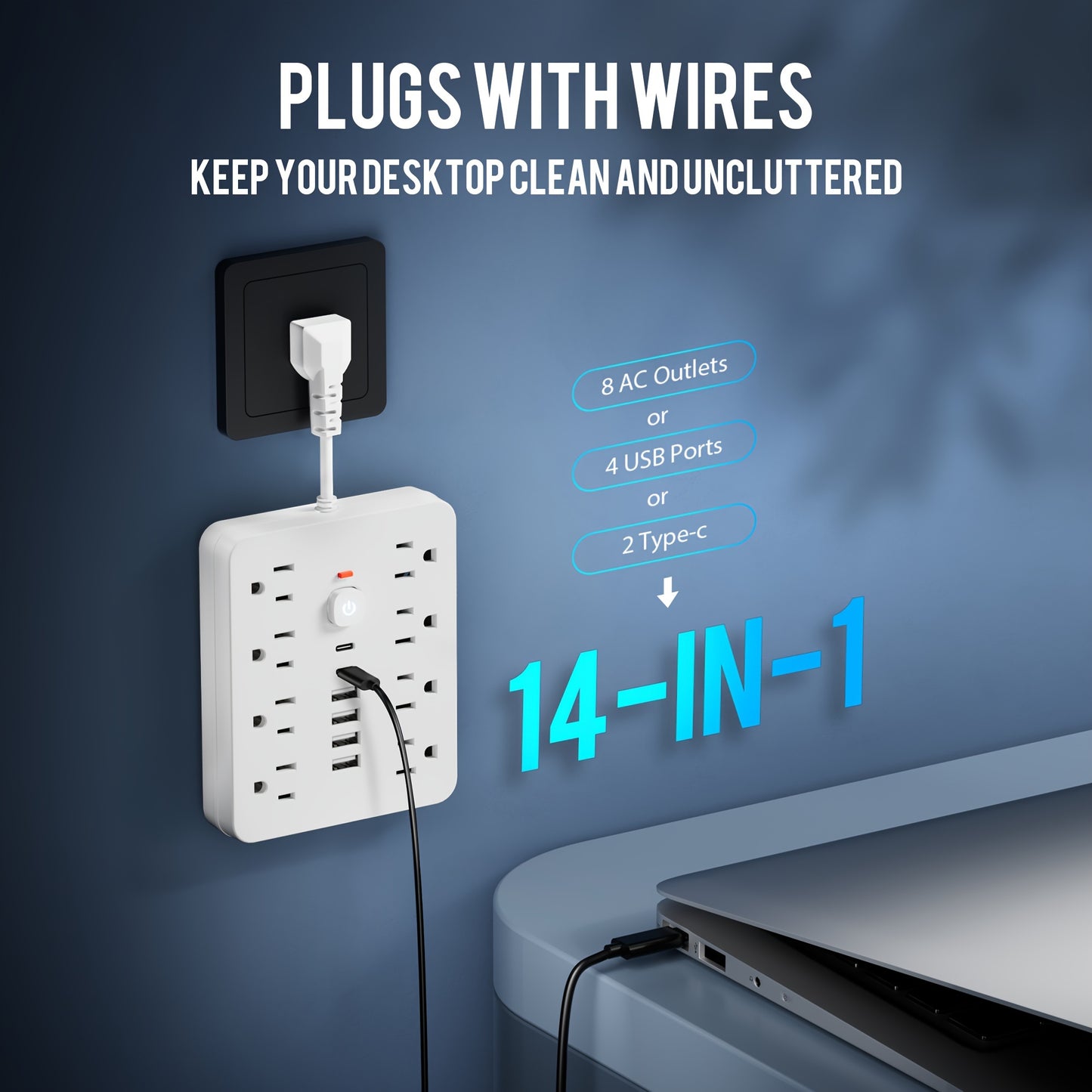 1pc 14-in-1 Power Adapter With 4 USB Outlets, 2 Type-C Outlet And 8 AC Socket Outlets. A Wall Socket, With Surge Protector, Easy To Carry, Suitable For Home, Office And Travel.