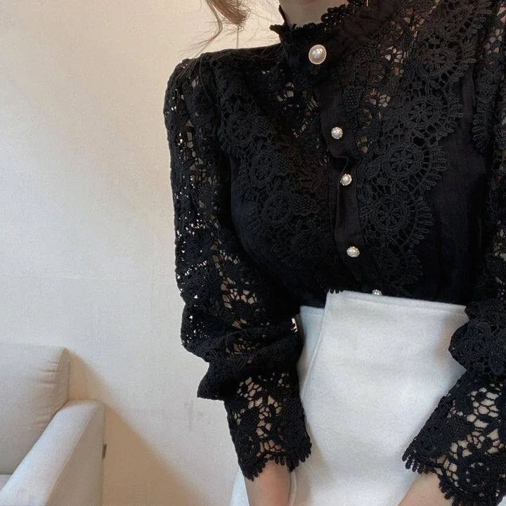 Women Chiffon Button Turtleneck Shirt Chic Elegant Floral Lace Fluffy Long Sleeve Top Fashion Hollow Oversize White Blouse 2024