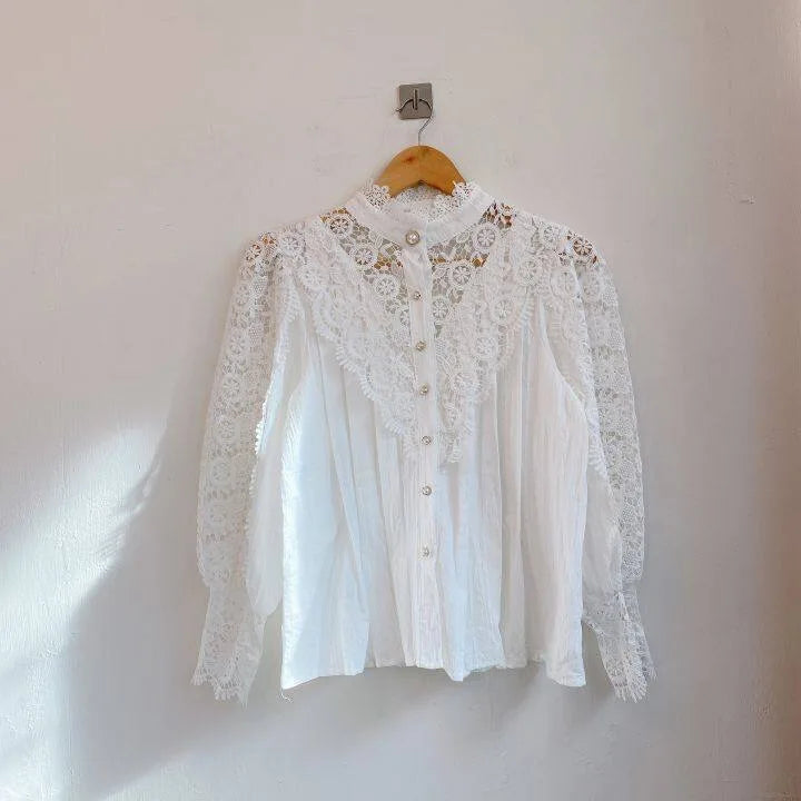 Women Chiffon Button Turtleneck Shirt Chic Elegant Floral Lace Fluffy Long Sleeve Top Fashion Hollow Oversize White Blouse 2024