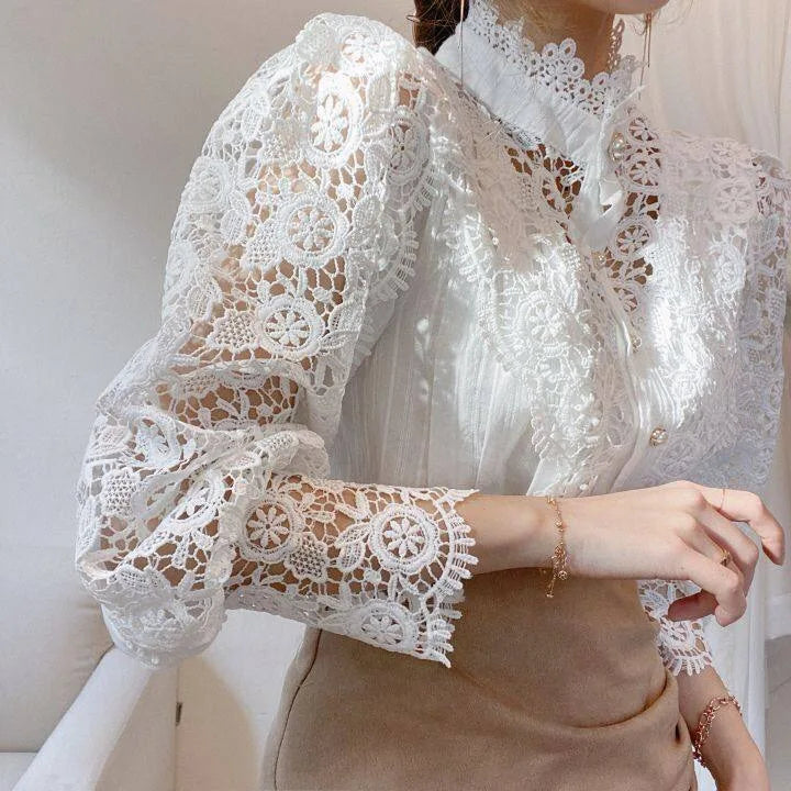 Women Chiffon Button Turtleneck Shirt Chic Elegant Floral Lace Fluffy Long Sleeve Top Fashion Hollow Oversize White Blouse 2024