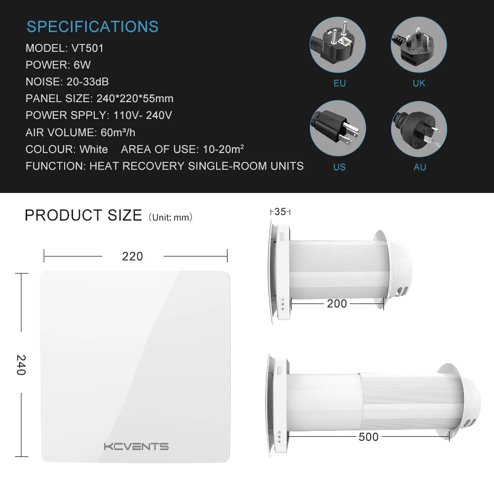 Single Room Air Recuperator Heat Recovery Ventilation System VT501 For Home Fresh Air