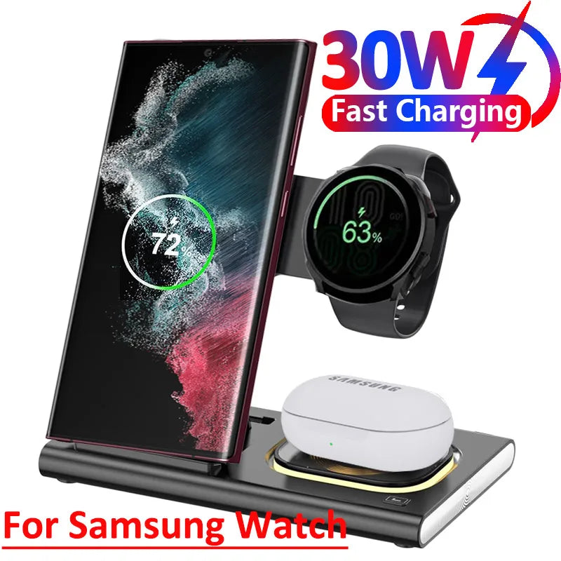 30W 3 in 1 LED Foldable Wireless Charger Stand For Samsung S24 S23 S22 Watch 6 5 4 Active 1 2 Galaxy Buds Fast Charging Station