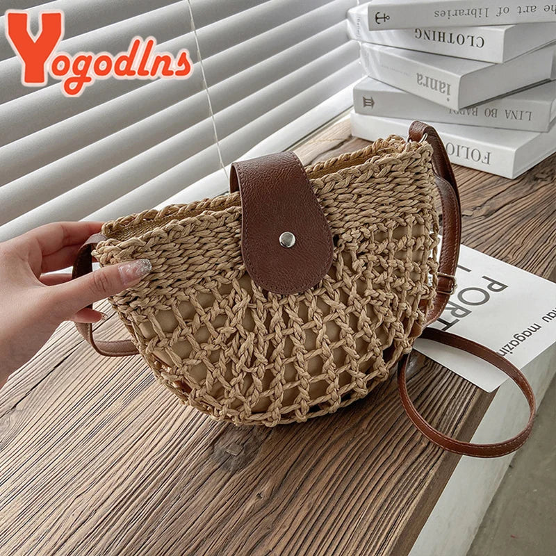 Yogodlns Summer Straw Bag For Women Fashion Semicircle Crossbody Bags Rattan Handmade Messenger Handbag Travel Beach Bags Tote