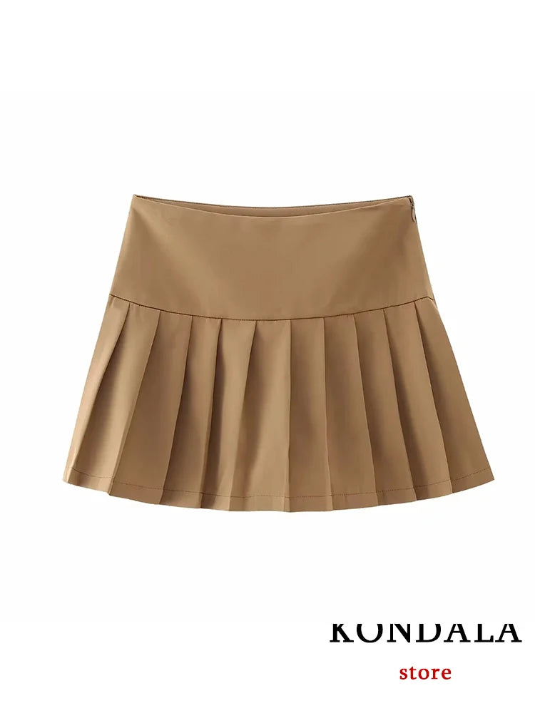 KONDALA Casual Solid Pleated Mini Skirts Women Low Waist A-Line Fashion 2023 Streetwear Shorts Skirts Female High Street Faldas