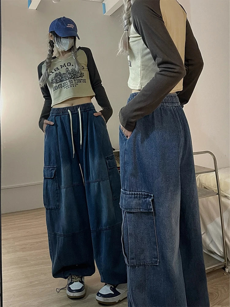 HOUZHOU Y2k Baggy Cargo Jeans for Women Oversize Wide Leg Denim Pants Female Hip Hop Trousers Pockets Streetwear Loose Patchwork