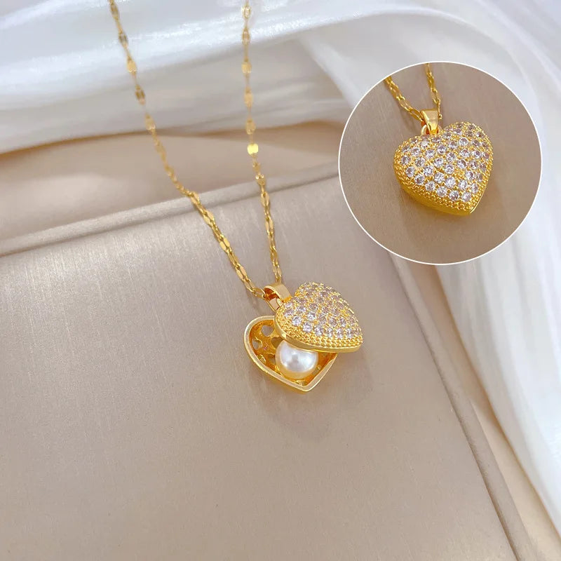 OIMG 316L Stainless Steel Gold Plated Temperament Shy Pearl Pendant Neckalce For Women Girls Wedding Party Jewelry Wholesale