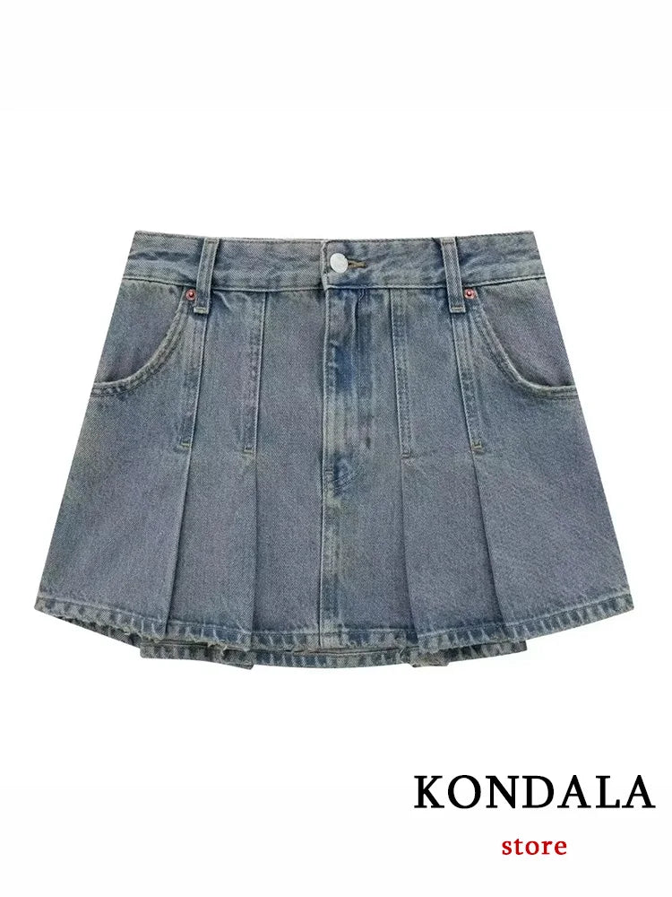 KONDALA Casual Vintage Chic Women Denim Skirt Solid Zipper Pockets Straight Folds Skirt New Fashion 2023 Autumn Holiday Skirt