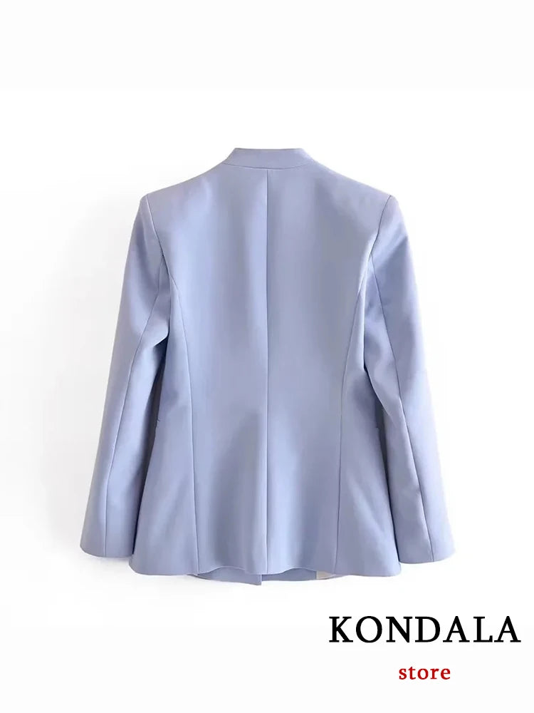 KONDALA Office Lady Light Blue Blazer Suits Women 2 Pieces V Neck Loose Jackets+High Waist Sashes Pants Fashion 2023 Spring Sets