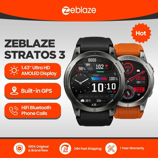 Zeblaze Stratos 3 Premium GPS Smart Watch Ultra HD AMOLED Display Built-in GPS Hi-Fi Bluetooth Phone Calls Smartwatch