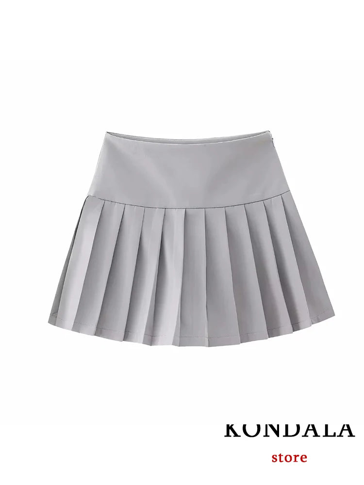 KONDALA Casual Solid Pleated Mini Skirts Women Low Waist A-Line Fashion 2023 Streetwear Shorts Skirts Female High Street Faldas