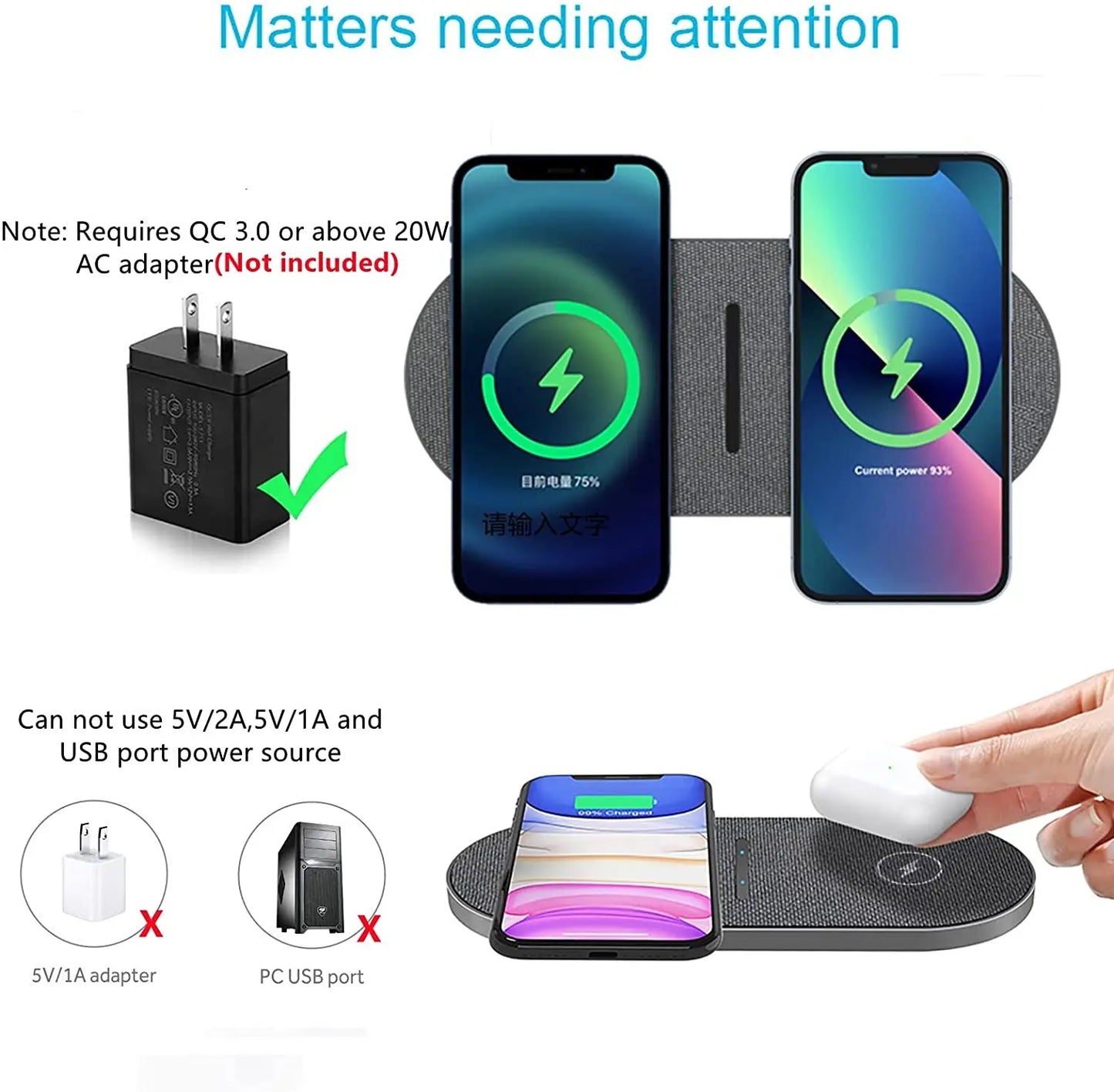 2 In 1 Dual Wireless Charger 40W For iPhone 15 14 13 12 11 XS XR X 8 Airpods 3 Pro Samsung S23 S22 S21 Double Fast Charging Pad