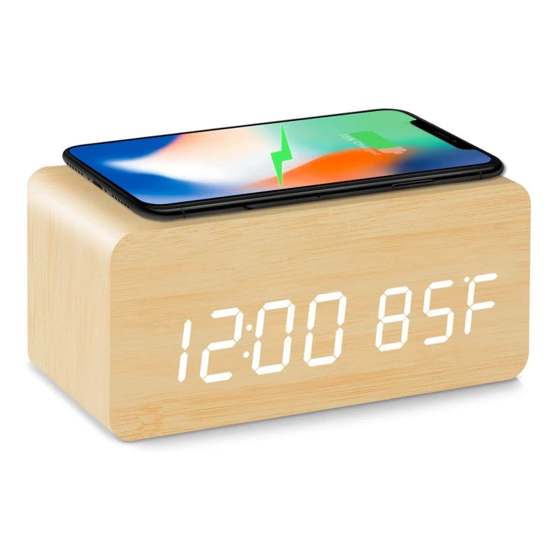 Voice Control Wooden Digital Alarm Clock Wireless Charging Temperature Date Night Mode Table Clock 3 Alarm 12/24H LED Clock