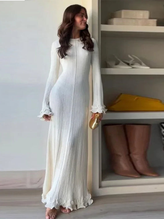 Elegant Solid Ruffles Knitted Dress For Women Loose O Neck Long Trumpet Sleeve Maxi Dresses 2024 New Female White Knitwear