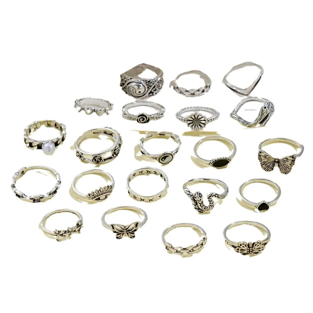 21pcs Set Punk Style Butterfly Heart And Tai Chi Design Multi-element Snake Rings Set