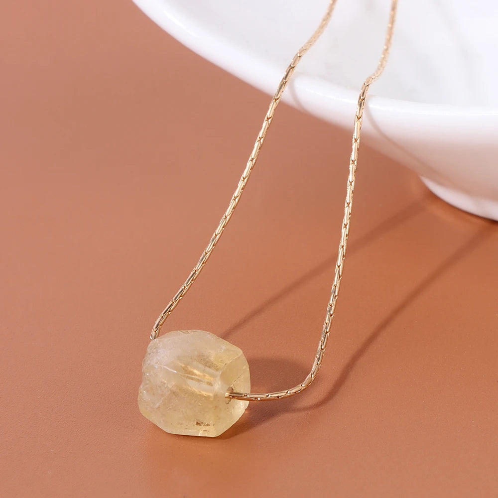 Natural Faceted Cube Beads Pendant Neckalce Square Raw Mineral  Stone Pendant Gold Color Adjustable Chain Neckalce for Women Men