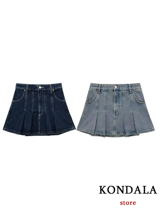 KONDALA Casual Vintage Chic Women Denim Skirt Solid Zipper Pockets Straight Folds Skirt New Fashion 2023 Autumn Holiday Skirt