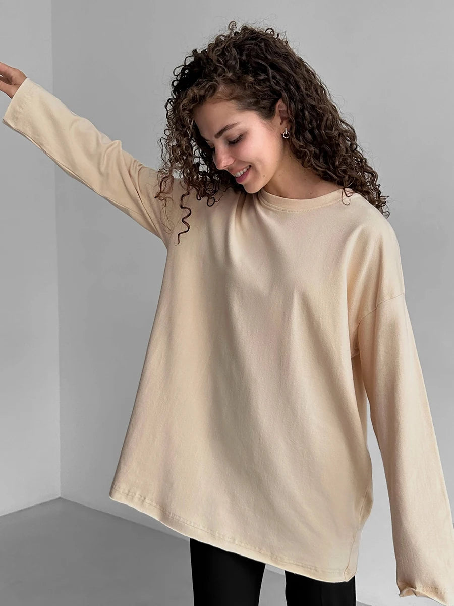 Bornladies Women Autumn 100% Cotton T-shirt Bottoming Spring Basic Fashionable Solid Lady Long Sleeve Loose Tops Shirts