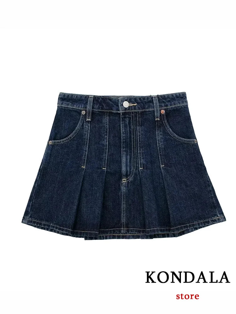 KONDALA Casual Vintage Chic Women Denim Skirt Solid Zipper Pockets Straight Folds Skirt New Fashion 2023 Autumn Holiday Skirt