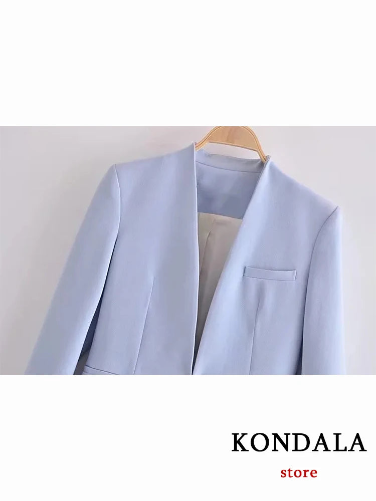 KONDALA Office Lady Light Blue Blazer Suits Women 2 Pieces V Neck Loose Jackets+High Waist Sashes Pants Fashion 2023 Spring Sets