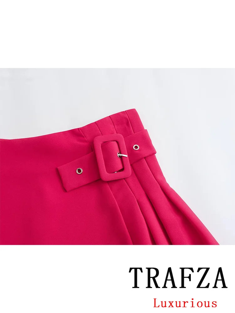 TRAFZA Vintage Casual Chic Women Skirt Solid Red Belt Short Slim Straight Skirt Fashion 2024 Spring Streetwear Mini Skirt