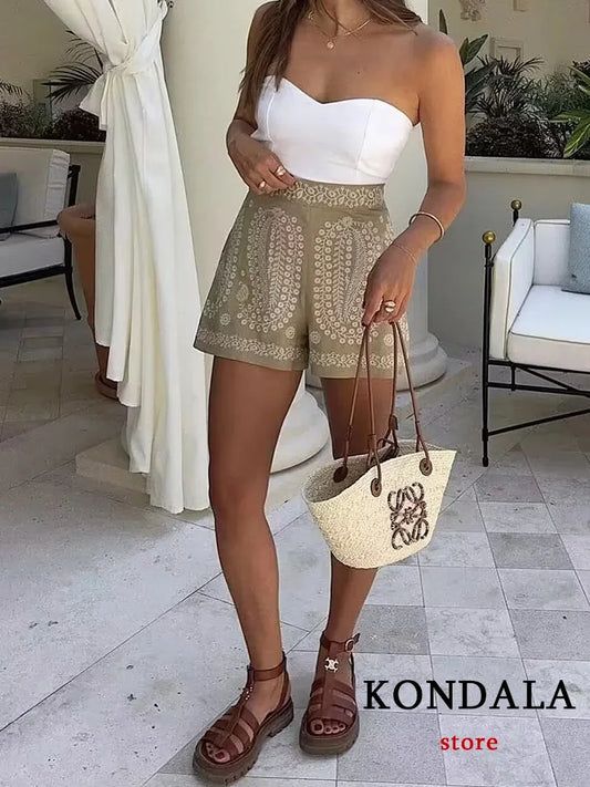 KONDALA Vintage Casual Chic Women Shorts Embroidery Zipper Wide Leg Shorts New Fashion 2023 Summer Holiday Shorts