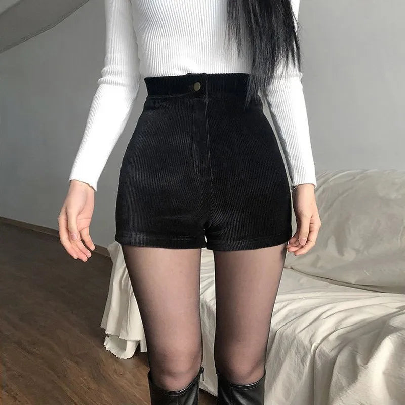 Women's Black Goth Pants Shorts High Waist Spring Autumn Fashion Tight Sexy Stretch Y2K Corduroy Female Casual Pants