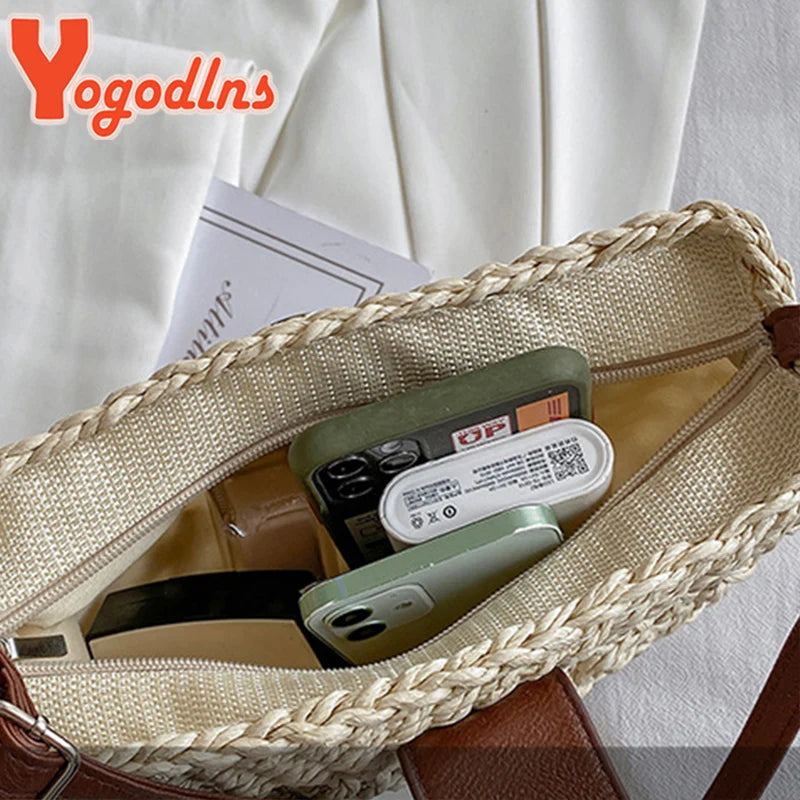 Yogodlns Summer Straw Bag For Women Fashion Semicircle Crossbody Bags Rattan Handmade Messenger Handbag Travel Beach Bags Tote