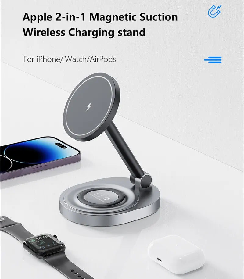 2 In 1 Magnetic Wireless Charger Stand Pad Foldable Fast Charging Station Dock For iPhone 15 14 13 Pro Max Mini Airpods Pro 2/3