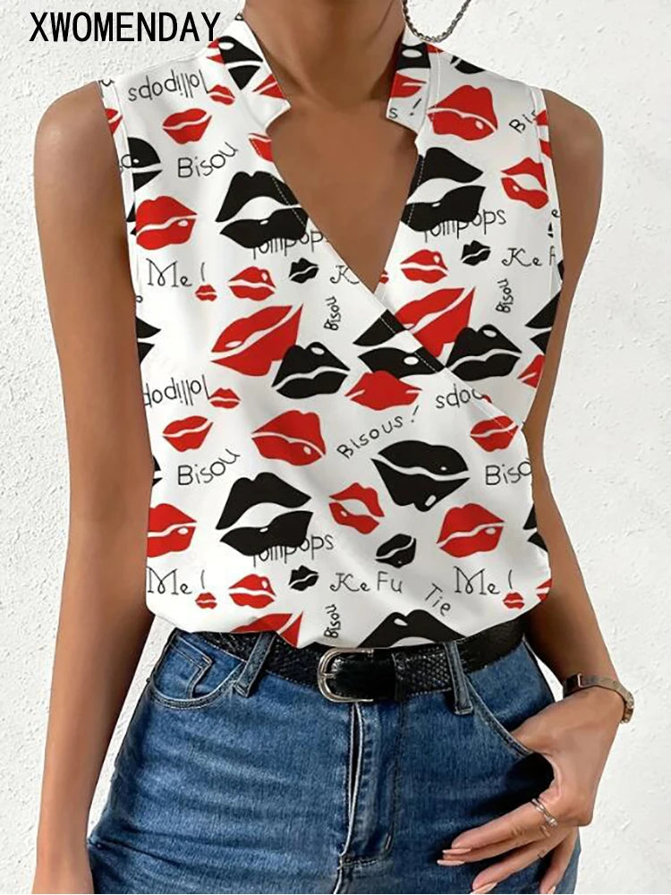 Women's Blouse White Shirts & Blouses Print Sleeveless Tops Loose V Neck Pulovers Summer Youthful Woman Clothes 2024 New