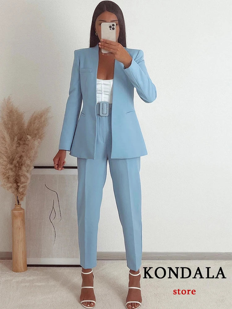 KONDALA Office Lady Light Blue Blazer Suits Women 2 Pieces V Neck Loose Jackets+High Waist Sashes Pants Fashion 2023 Spring Sets