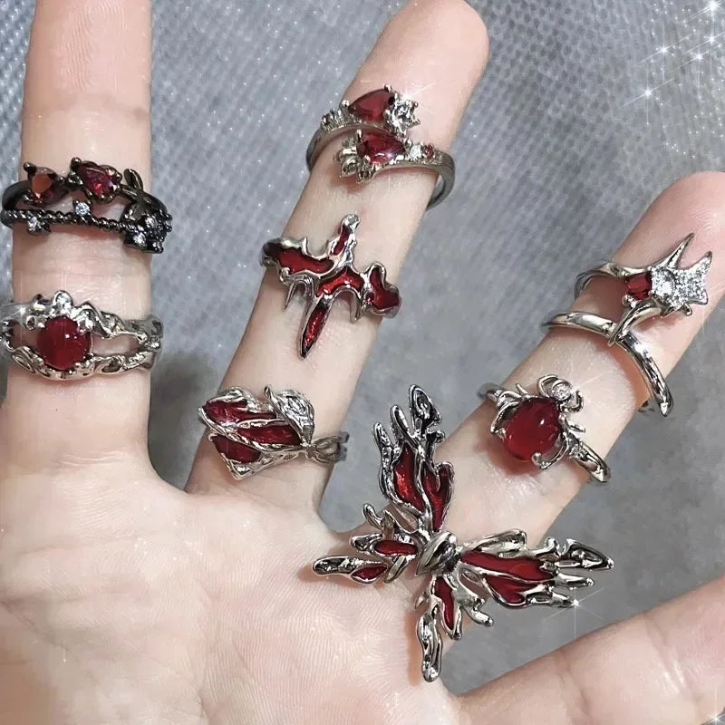 New Adjustable Opening Irregular Red Crystal Glass Heart Aesthetic Rings for Women Gothic Animal Spider Ring Creative Jewelry