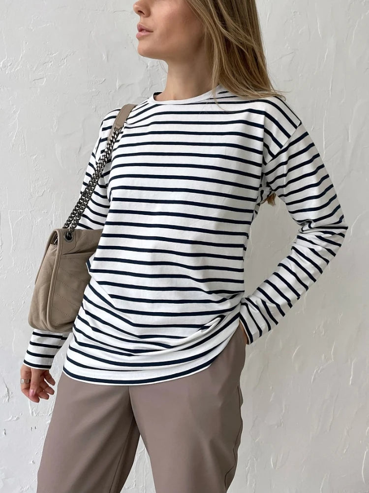 Bornladies 2023 Summer Long Sleeve Striped T-Shirts Women Basic Casual Tops Female Cozy Loose Cotton Tees Harajuku T Shirt New