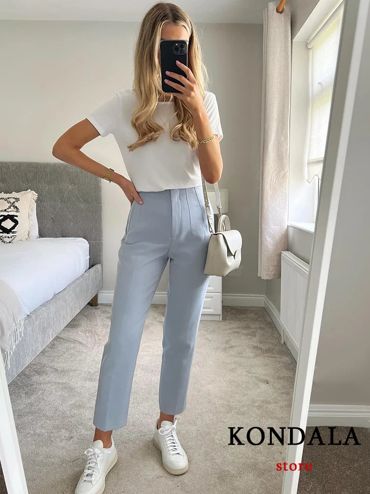 TRAFZA Women Light Blue Chic Fashion Office Wear Straight Pants Vintage High Waist Zipper Fly Female Trousers Fashion 2024