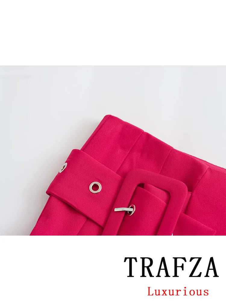 TRAFZA Vintage Casual Chic Women Skirt Solid Red Belt Short Slim Straight Skirt Fashion 2024 Spring Streetwear Mini Skirt