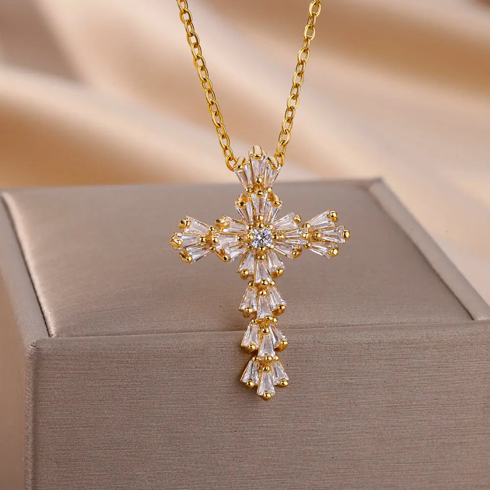 Zircon Cross Pendant Necklace for Women Gold Color Stainless Steel Collar Neckalces 2024 Trend Goth Party Wedding Jewelry Gifts