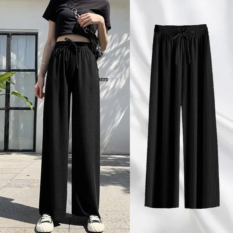 Women Pants 2023 New Spring Summer Ice Silk Wide Leg Pants High Waist Casual Female Slim Loose Straight Black Trousers