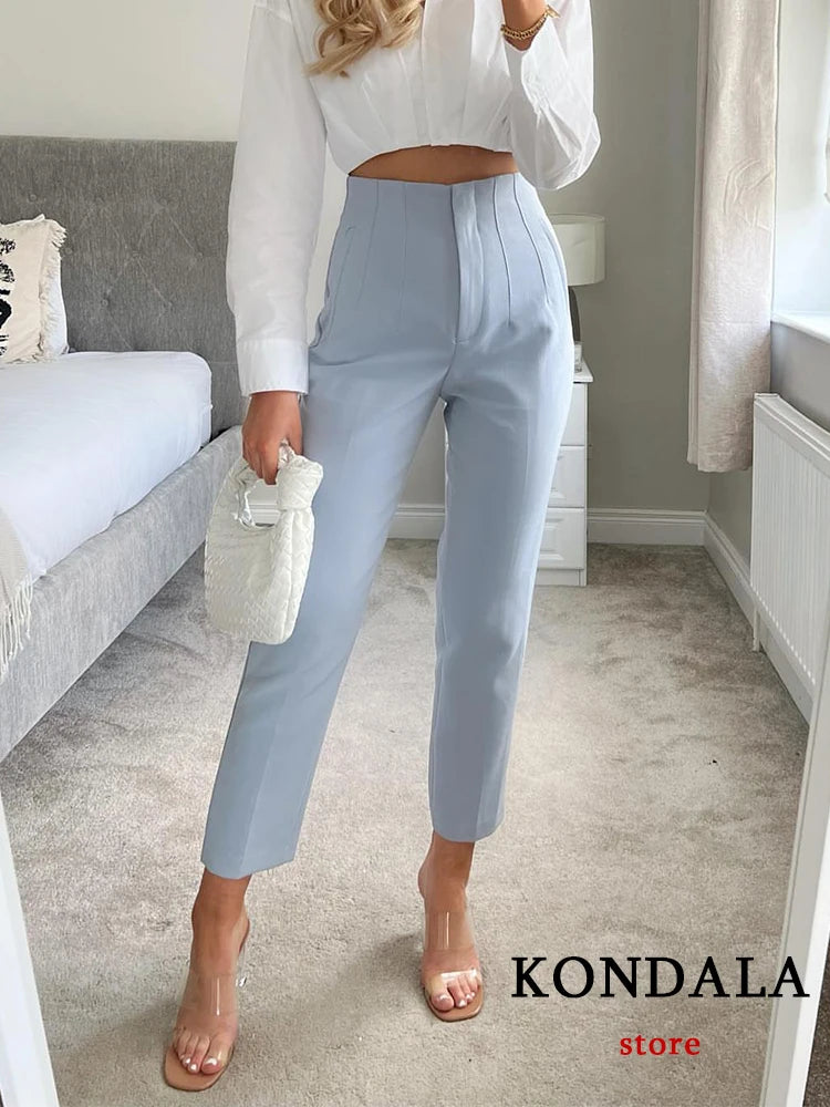 TRAFZA Women Light Blue Chic Fashion Office Wear Straight Pants Vintage High Waist Zipper Fly Female Trousers Fashion 2024