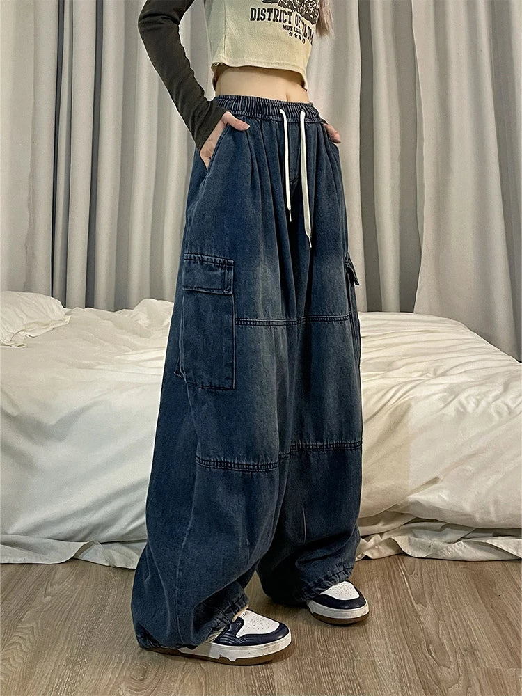 HOUZHOU Y2k Baggy Cargo Jeans for Women Oversize Wide Leg Denim Pants Female Hip Hop Trousers Pockets Streetwear Loose Patchwork