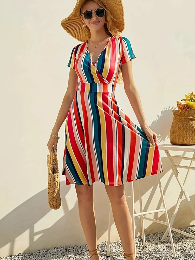 Summer Striped Print Midi Dresses For Women Casual White Boho Beach Dress Fashion V Neck A-line New In Dresses 2024