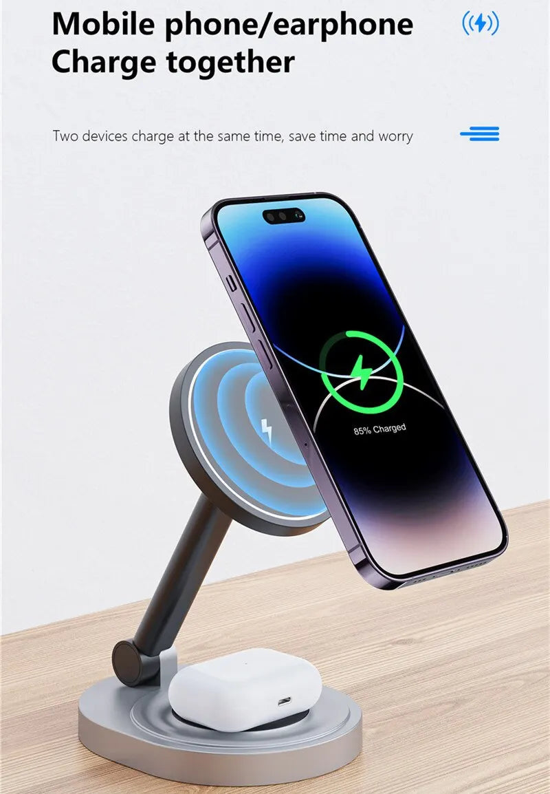 2 In 1 Magnetic Wireless Charger Stand Pad Foldable Fast Charging Station Dock For iPhone 15 14 13 Pro Max Mini Airpods Pro 2/3